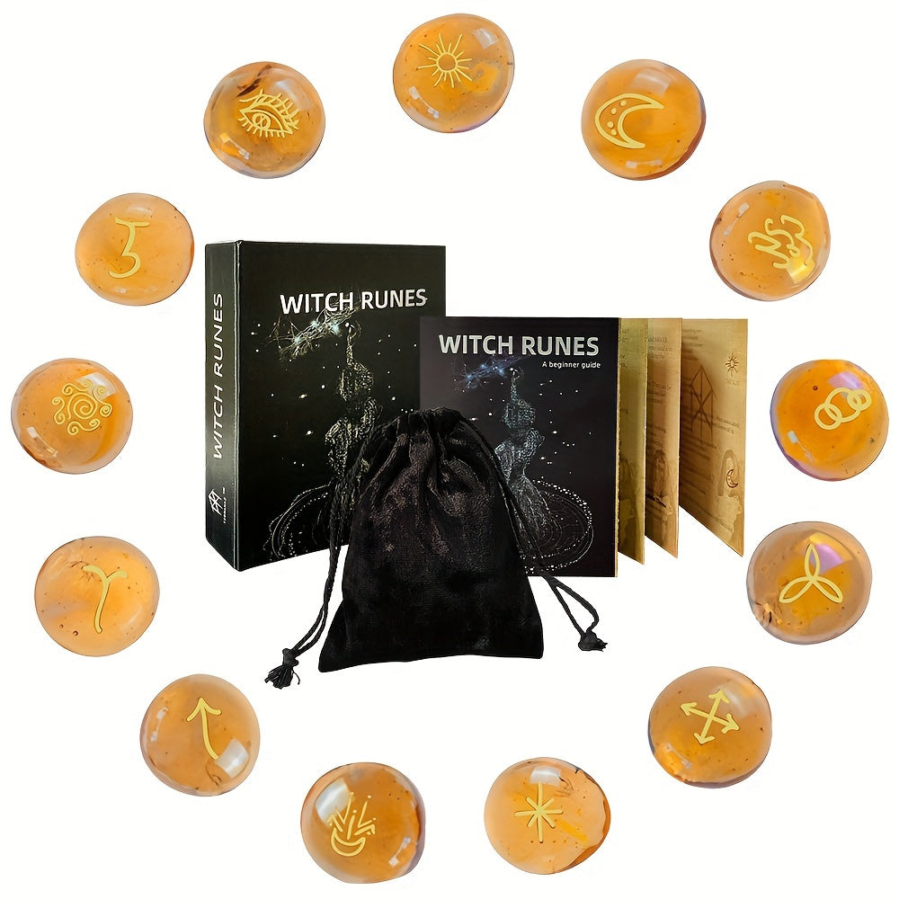 Witch Runes Set, Glass Divination Stones, 13-Piece Engraved Symbols with Guidebook and Storage Pouch, Party Supplies for Mystical Gatherings, Witchcraft Gift Kit for Adults Age 14+