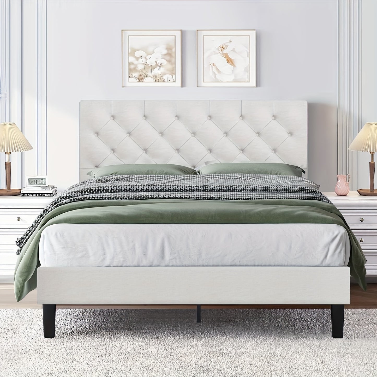 Elegant Grey Linen Upholstered Bed Frame with Tufted Headboard - Solid Wood Platform Bed with Sturdy Slats Support, Easy Assembly, No Box Spring Needed, Perfect for Modern Decor, Bed Accessories, HOMBCK