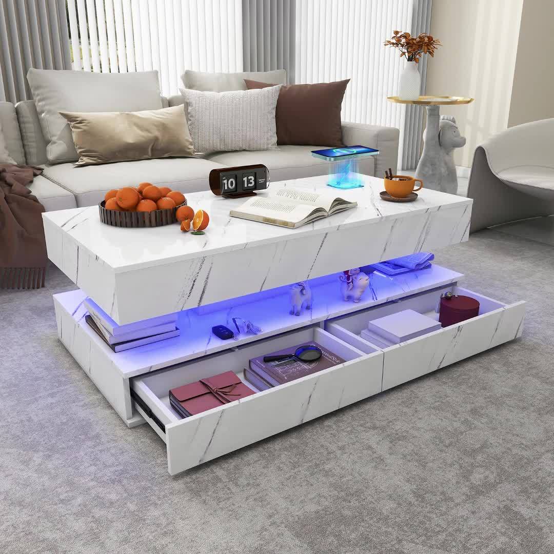 LED Coffee Table with Storage, High Gloss Coffee Table with Wireless Charging and Speaker, High Glossy Modern Center Table with 24 Color LED Lights for Living Room Bedroom