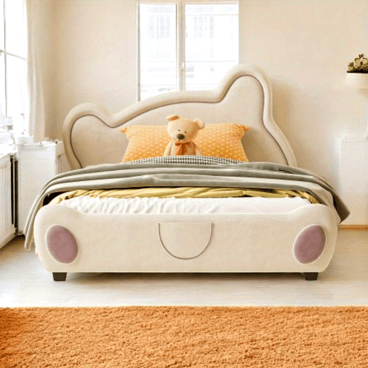 Full-Size Bear-Headboard Platform Bed featuring Bed-End Storage Pocket, Soft Beige Color