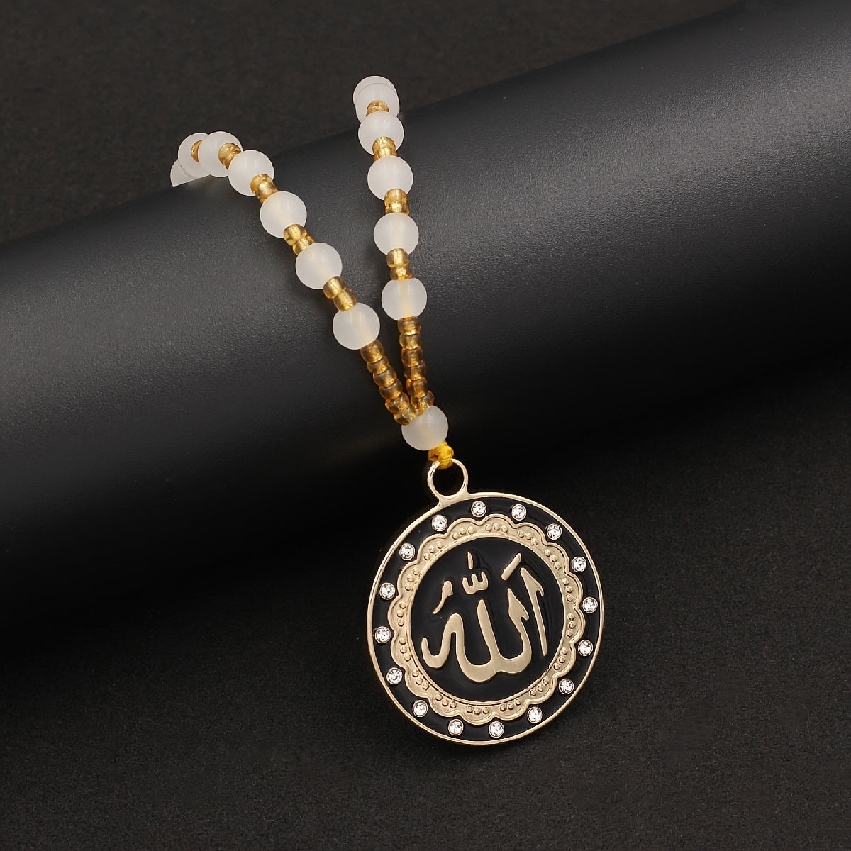 Islamic Calligraphy Pendant Necklace - Fashionable Zinc Alloy with Magnetic Hematite, Rhinestone Accents for Men & Women - Perfect Ramadan Gift