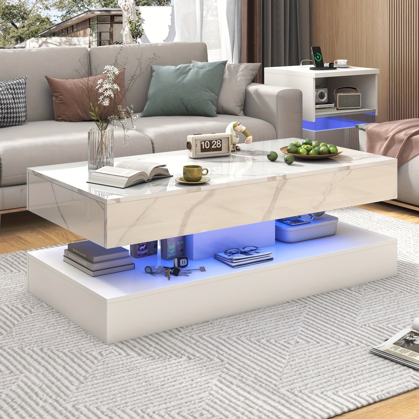 47 Inch Large High-Glossy LED Living Room Storage Tableswith 2 Sliding Drawers, Coffee Table, Living Room Storage Tables, Modern Stylish Double-Layer Center Tables