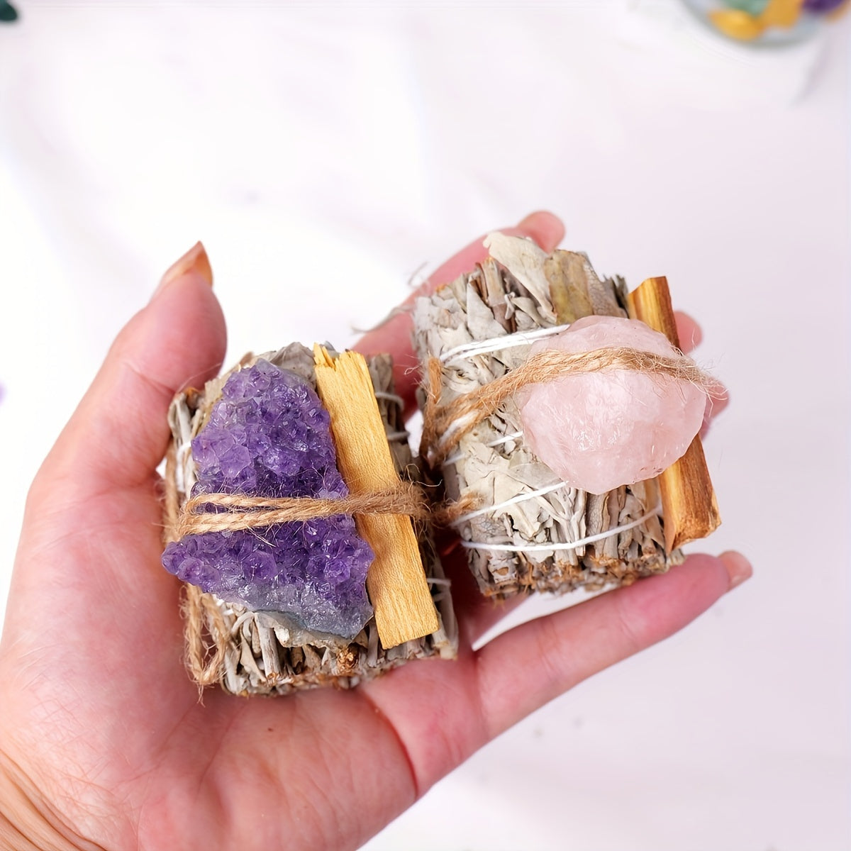 1 Box Bohemian Natural Crystal & White Sage Smudge Stick, Spiritual Home Cleansing with Peruvian Palo Santo, Rock Crystal Material, Energy Healing & Aromatherapy