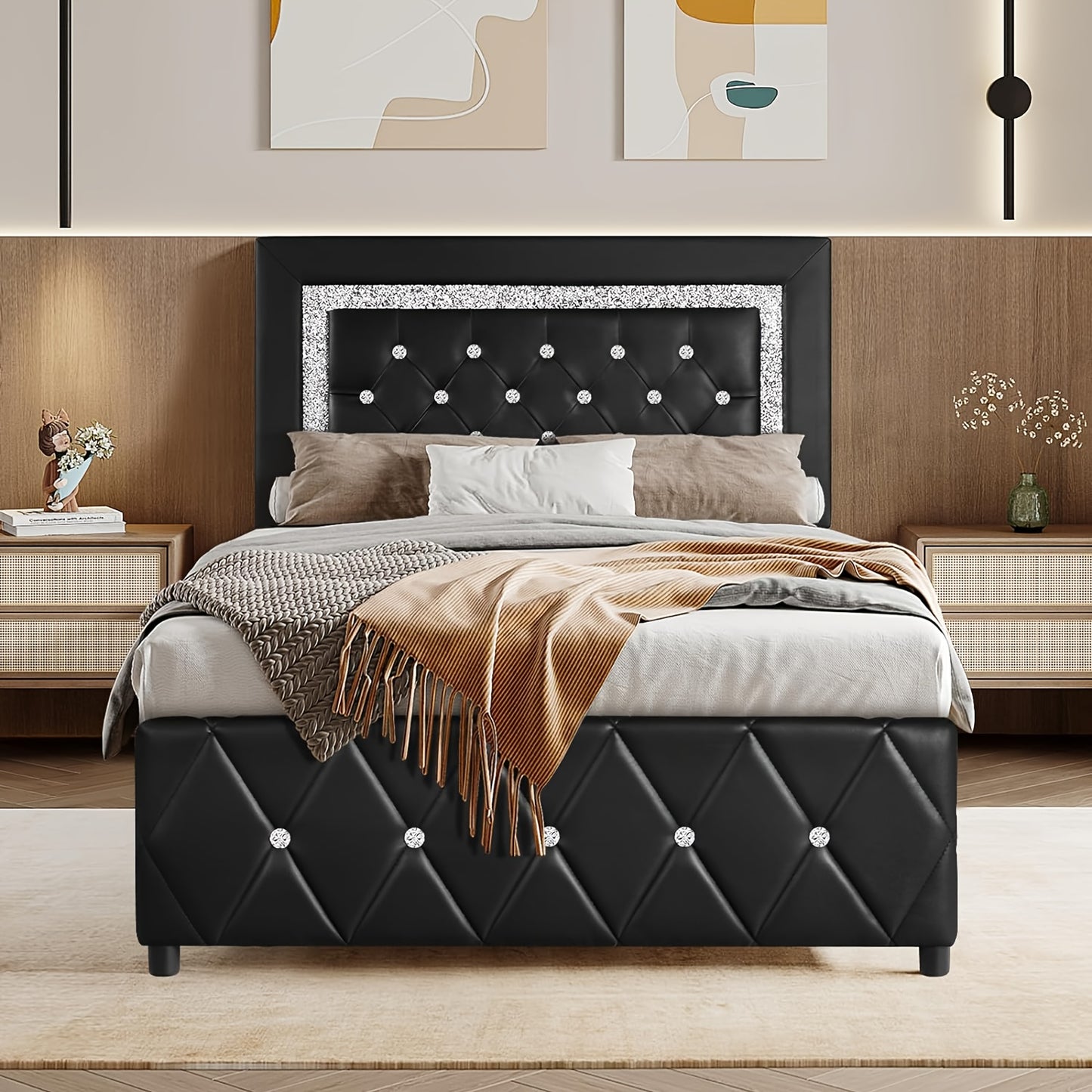 Twin Size Bed Frame With Adjustable Diamond Headboard, Upholstered Platform Bed With Headboard&Footboard, Heavy Duty Wood Slats, No Box Spring Need, Noise Free