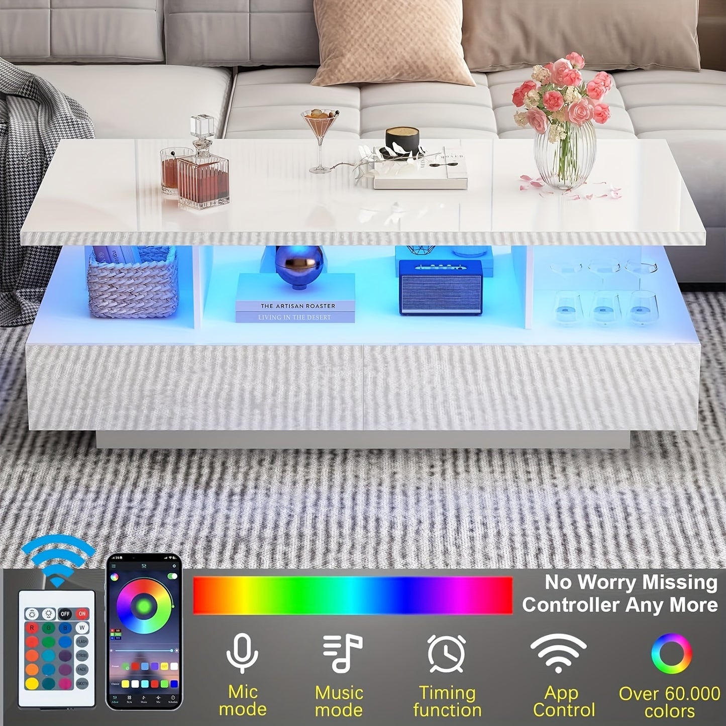 LED Coffee Table w/ 2 Storage Drawers, App Control, High Glossy Modern Black Coffee Table w/60, 000-Color Lights, Rectangle 2-Tier Center Table w/Display Shelf for Living Room