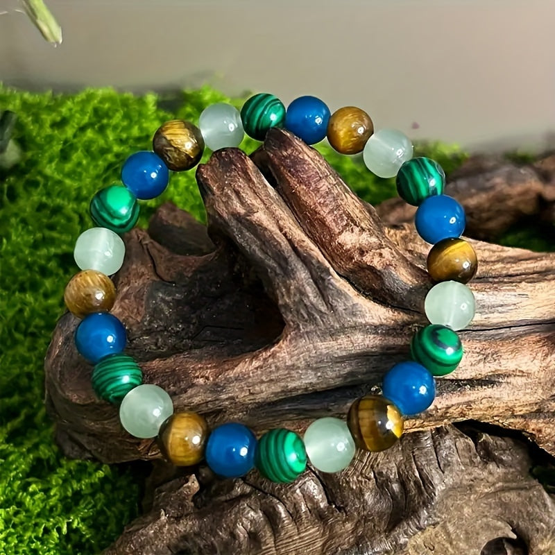 Lucky Charm Bracelet - 8mm Tiger Eye & Malachite Gemstones, Wealth Attraction Jewelry, Stretch Jewelry, Good Luck