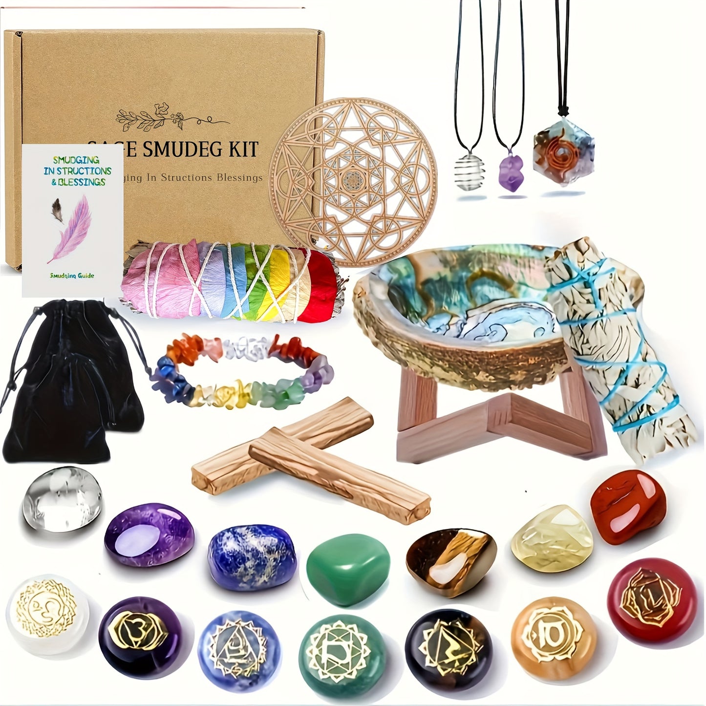 Sage Smudge Kit - Flower White Sage, Palo Santo, Stand, Engraved Symbols Polished Stones & Crystal Bracelet Meditation Instructions & Pouch -Jewelry Patterns