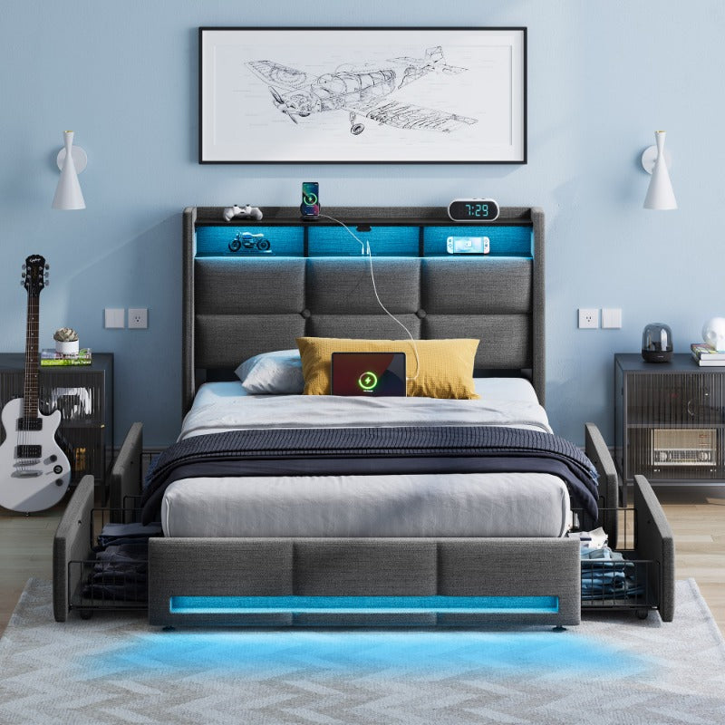 Bed Frame, Storage Headboard with Charging Station & LED Lights Bed Storage Headboard & Drawers, Heavy Duty Wood Slats, Easy Assembly