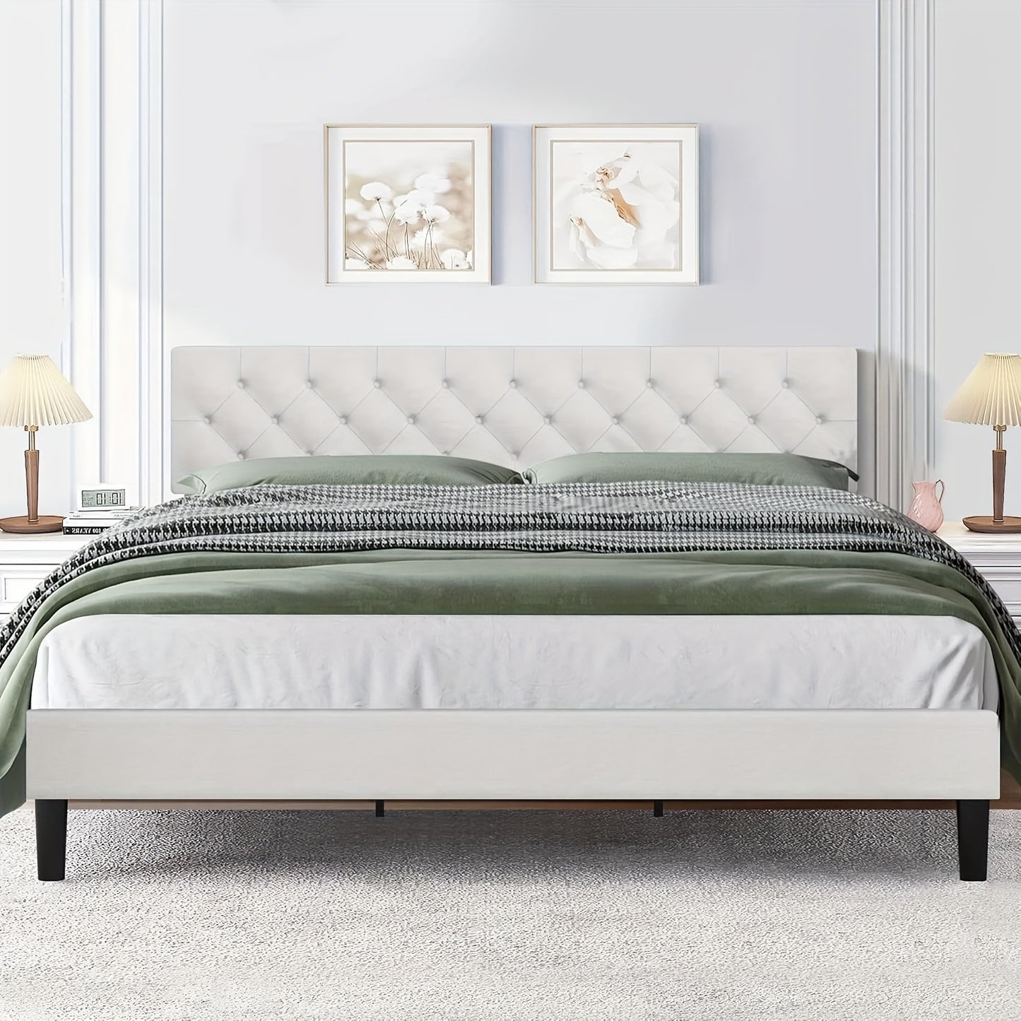 Elegant Grey Linen Upholstered Bed Frame with Tufted Headboard - Solid Wood Platform Bed with Sturdy Slats Support, Easy Assembly, No Box Spring Needed, Perfect for Modern Decor, Bed Accessories, HOMBCK