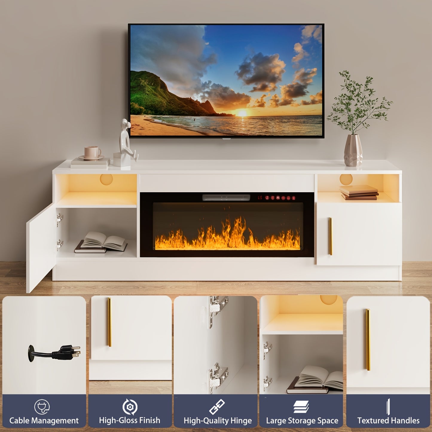 Modern LED Fireplace TV Stand, 36" Electric Fireplace Entertainment Center with Storage Shelves, Metal and Wood Construction, Assembly Required, Fits Up to 80" TVs - White