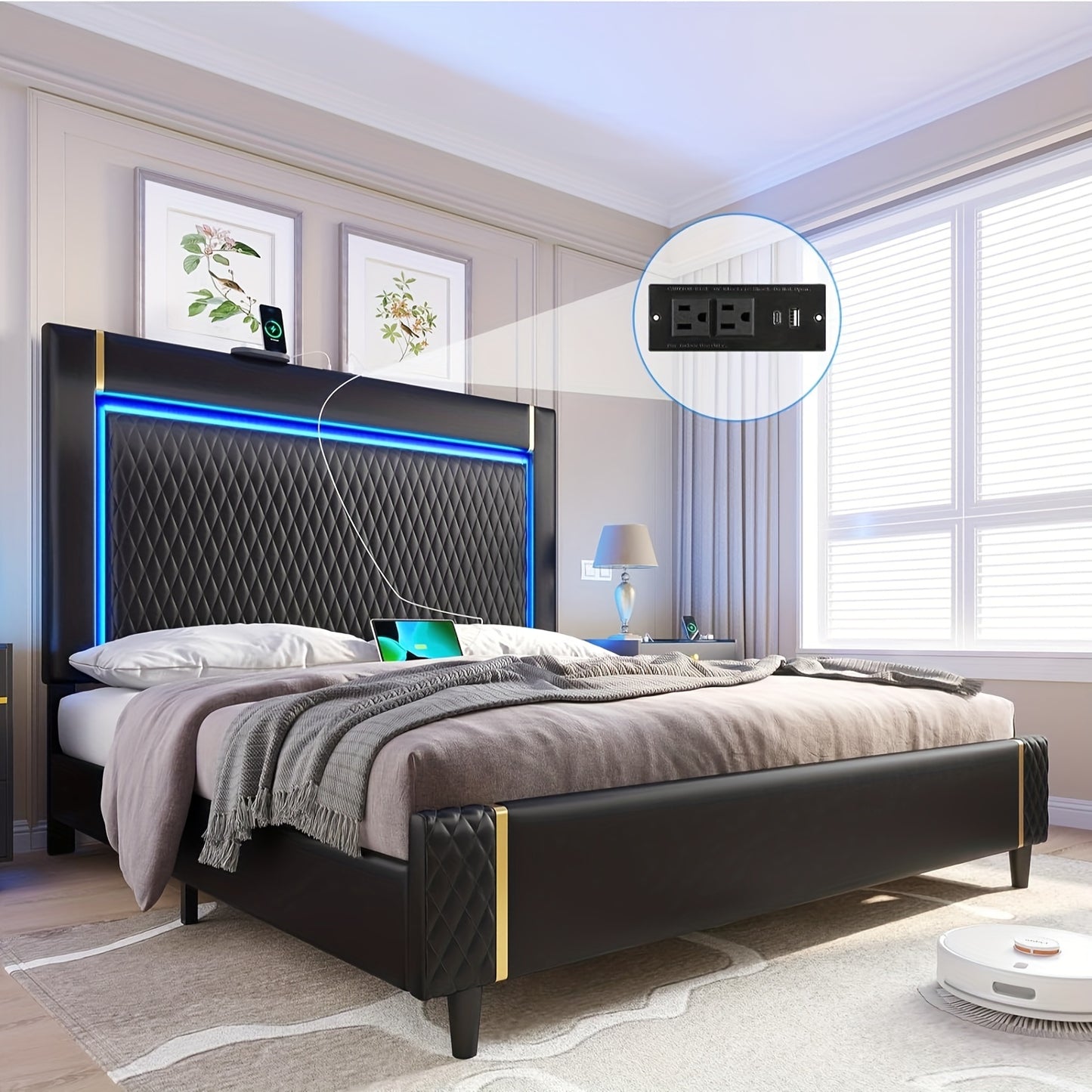 King Size Bed Frame With Tall Headboard PU Leather Platform Bed With LED Lights & Adjustable Headboard Black