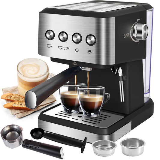 20 Bar Espresso Machine, Stainless Steel Espresso Coffee Machine For Cappuccino, Latte, Automatic Espresso Machine With 1.5L Removable Water Tank, Powerful Steam Wand, Built-In Milk Frother, One-Touch Single Or Double Shot