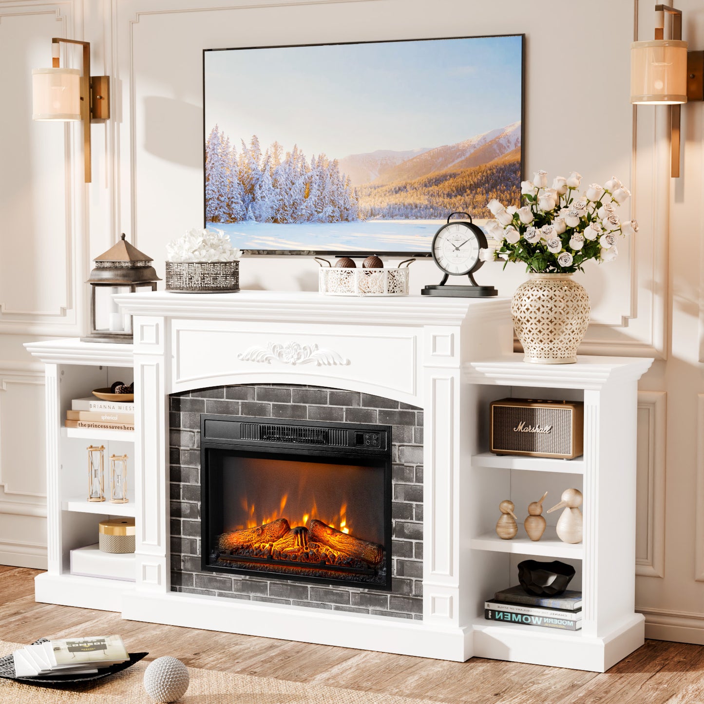 90" TV Stand with Electric Fireplace, White Console Table with Glass Doors & Adjustable Shelving Unit for Living Room or Bedroom - Cozy Mantel Design with Storage Cabinet and Display Shelves, Multimedia Center | Classic Mante