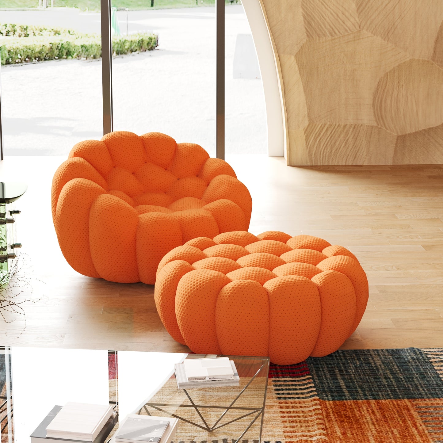 [Vibrant Orange Modular Bean Bag] Oversized 3D Textile Modular Bean Bag Sofa with Ottoman - Vibrant Orange, High-Resilience Foam for Ultimate Comfort, Durable Mesh Fabric, Easy No-Install Setup