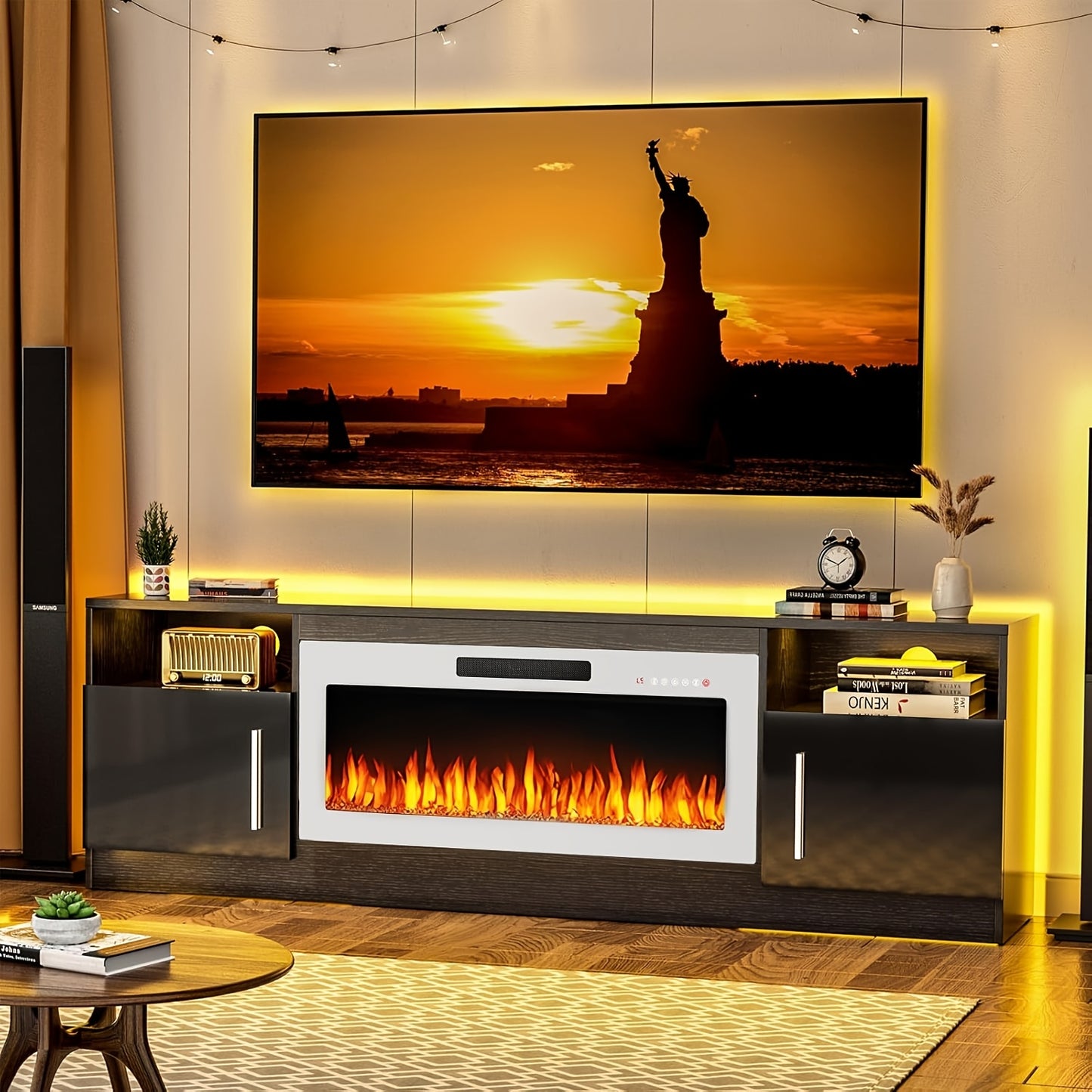 Fireplace TV Stand With 36" Electric Fireplace, LED Light Entertainment Center With Storage Cabinet For TVs Up To 80 Inch, Media TV Console With Modern Wood Texture, 70 Inch