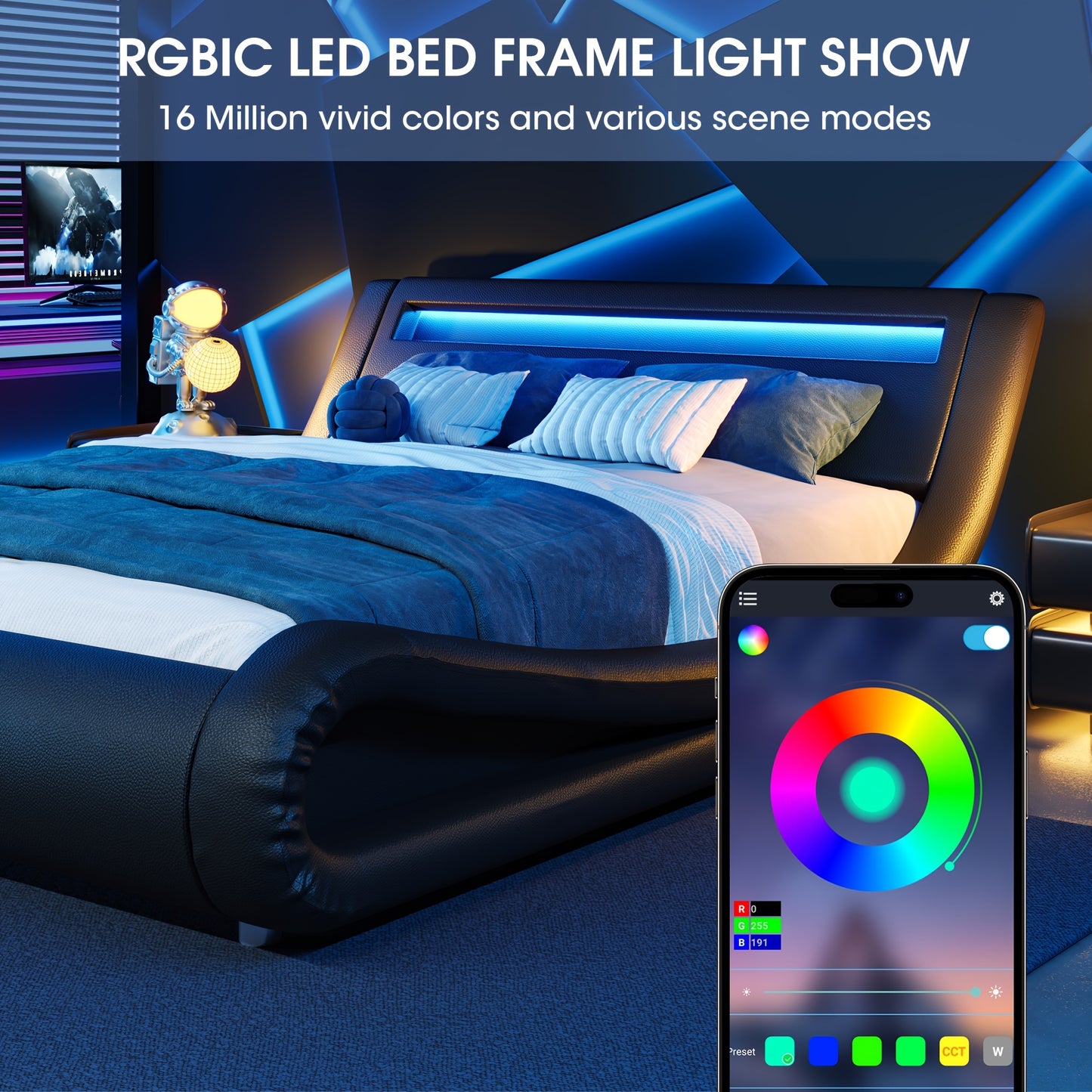 WEEWAY Modern Bed Frame With RGB LED Lights Headboard, Low Profile Upholstered Platform Sleigh Design, Strong Wood Slats Support, No Box Spring Needed