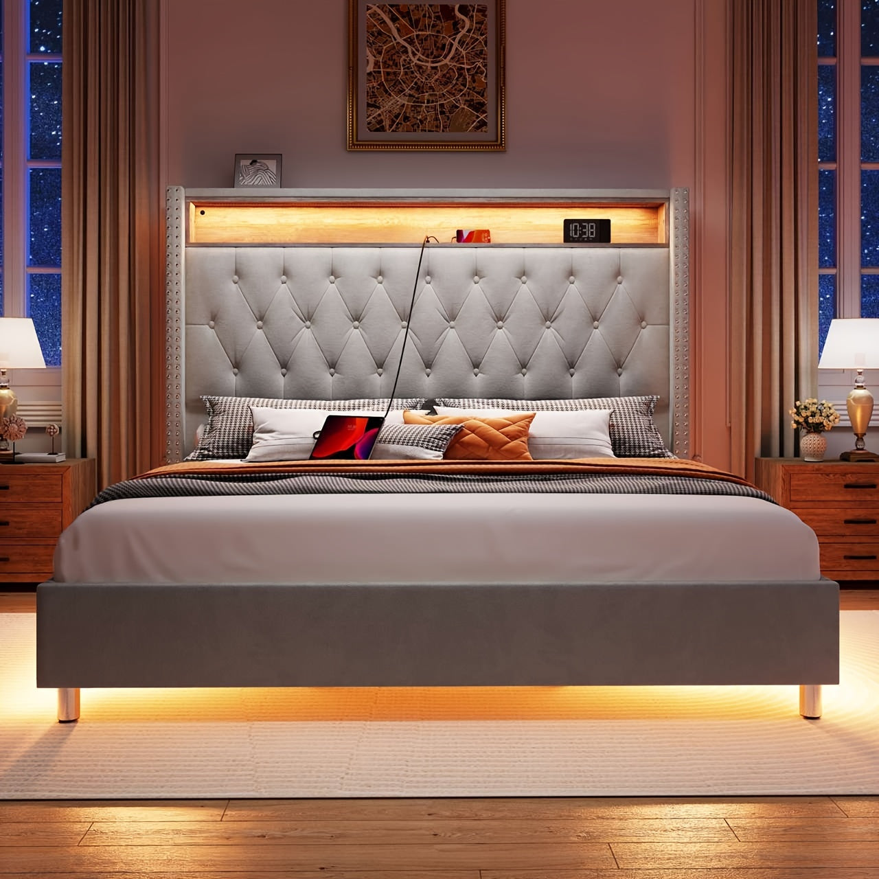 LUXOAK Queen Bed Frame Boasting LED Charging Station And Motion-Responsive Night Lights, Velvet-Covered Tall Platform Base With Wingback-Style Headboard - Box Spring-Free Assembly