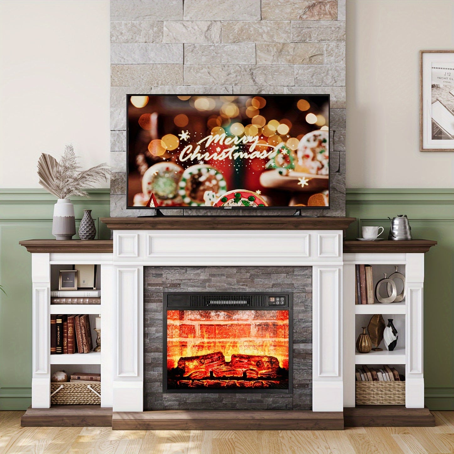 72" Electric Fireplace With Mantel, Fireplace TV Stand For TVs Up To 80 Inch, 1400W, Freestanding, Remote Control, Timer, Realistic Log And Flame Effect, Adjustable Temperature & Brightness For Home Bedroom Living Room Indoor