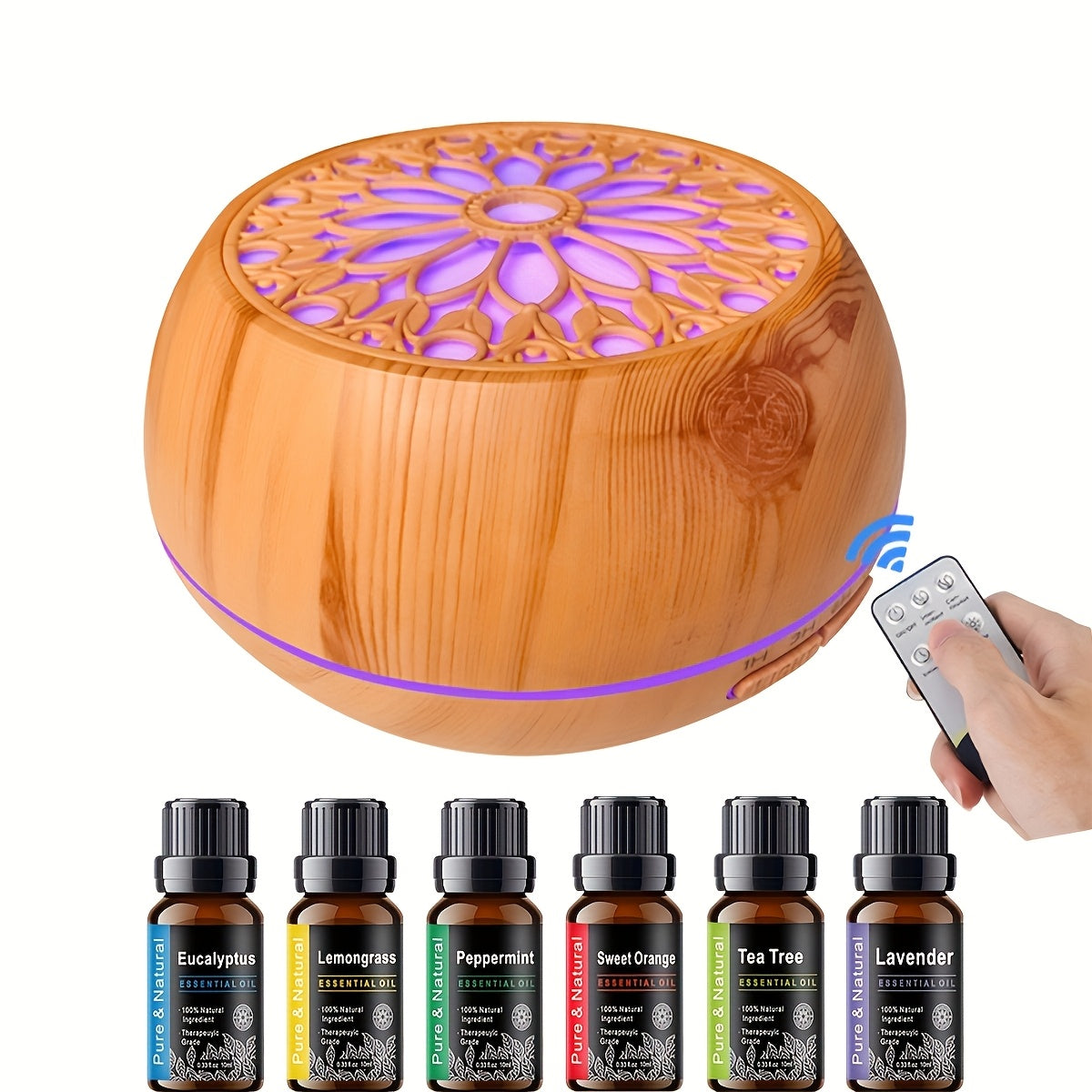 18.6oz Aromatherapy Essential Oil Diffuser Wood Grain Remote Control Ultrasonic Air Humidifier Cool 7 Color LED Light With 6 Oils