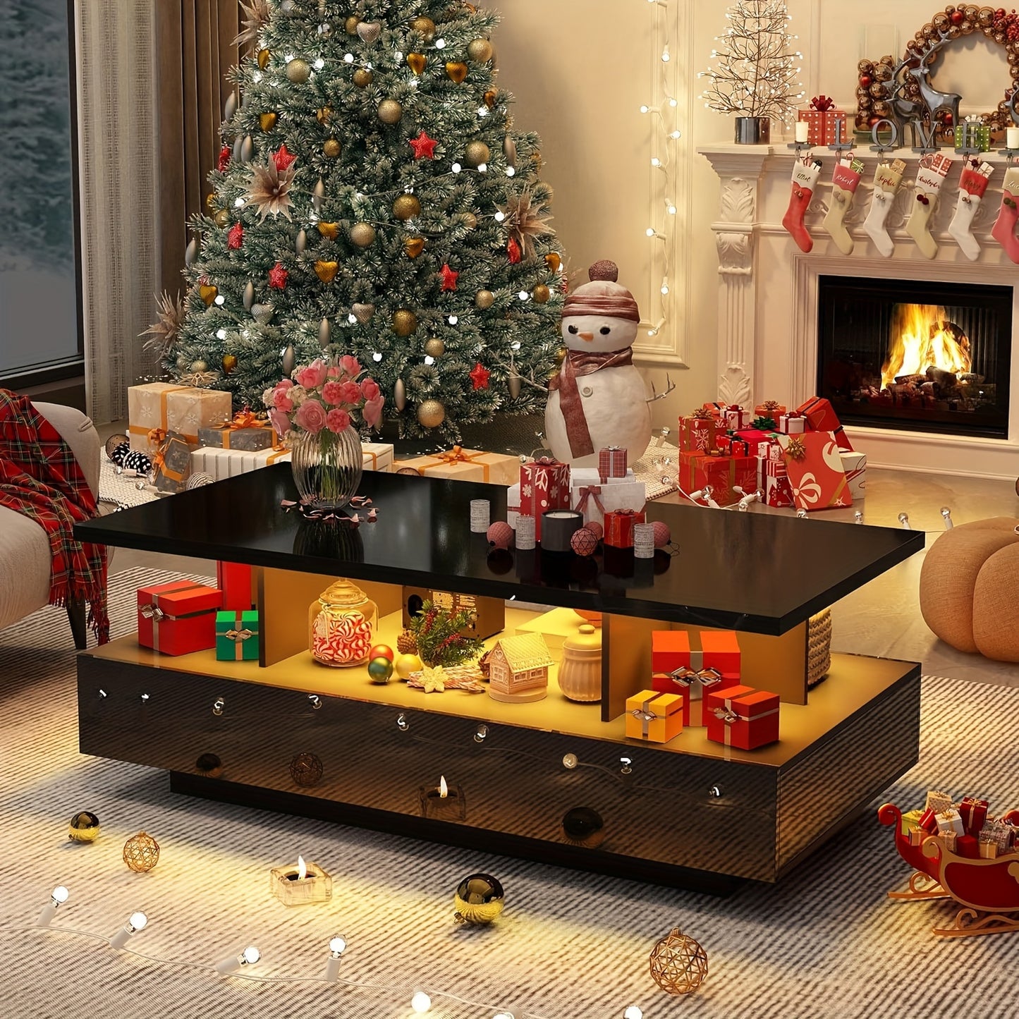 LED Coffee Table w/ 2 Storage Drawers, App Control, High Glossy Modern Black Coffee Table w/60, 000-Color Lights, Rectangle 2-Tier Center Table w/Display Shelf for Living Room