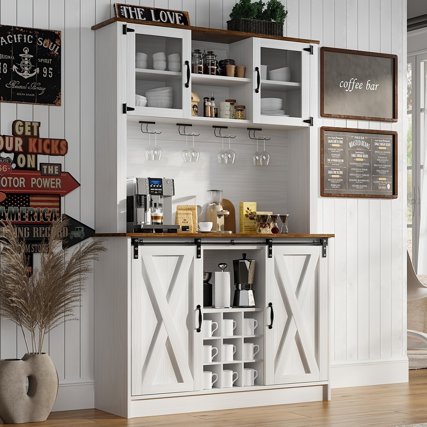 72" Farmhouse Coffee Bar Cabinet With 2 Glass Doors & 9 Wine Racks, Tall Hutch Cabinet With Storage, Wine Bar Cabinet With 4 Row Metal Glass Holder, Display Stands, Risers White