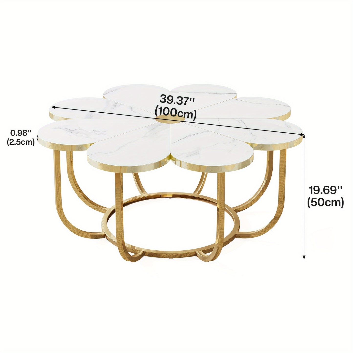 Petal shaped living room central coffee table, modern white Golden decorative table, 39.37 inch floral center table, suitable for living room, bedroom, and lounge, uniquely designed furniture, living room furniture.