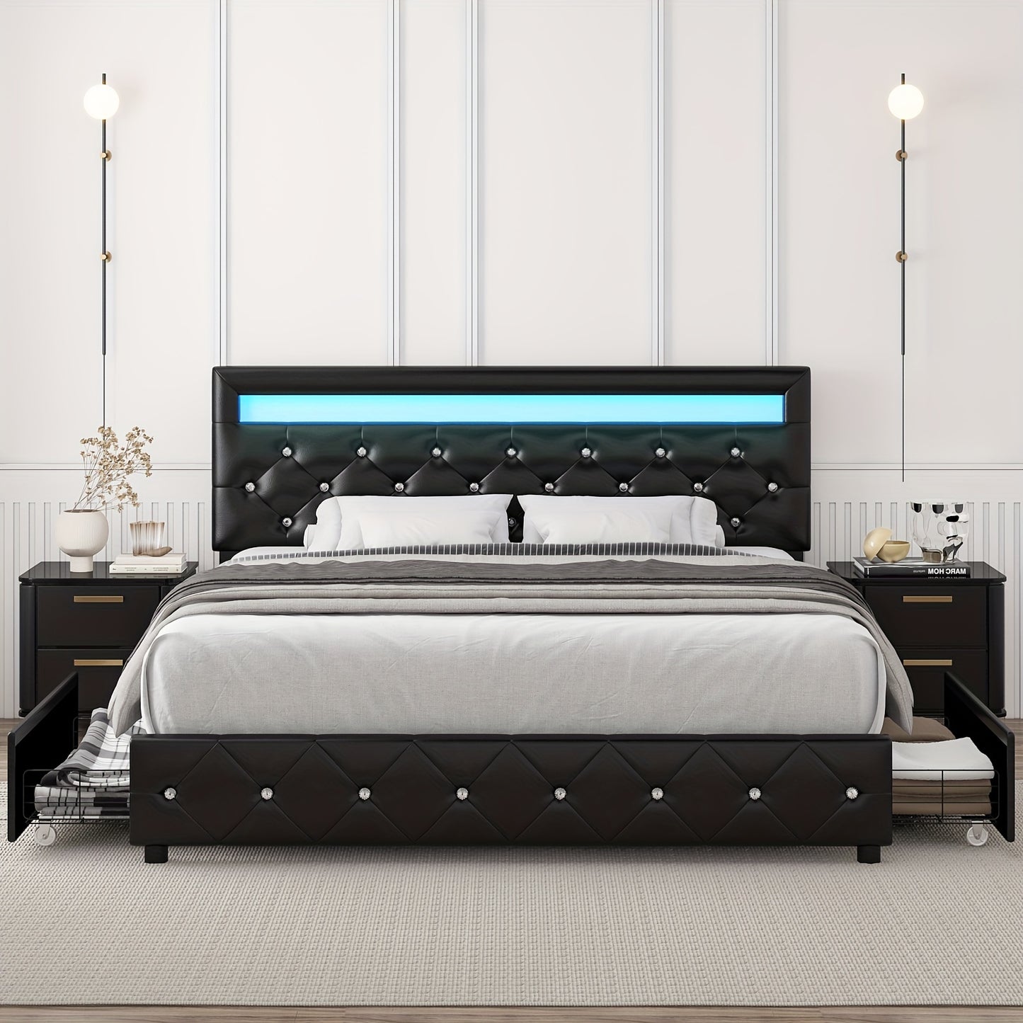 Full/Queen/King Size Upholstered Bed Frame With LED Lights Headboard And 4 Storage Drawers, Platform Bed With Crystal Button Tufted Headboard, No Box Spring Needed, Faux Leather/Velvet Fabric, White/Black/Velvet Beige