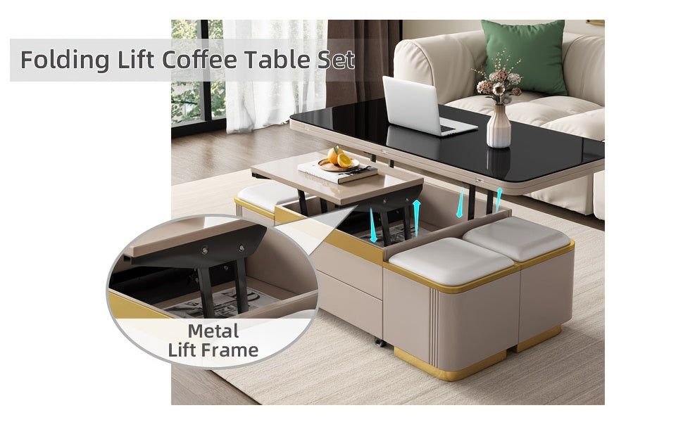 Versatile 3-in-1 Lift Top Coffee Table with Wheels - Extendable & Foldable, Includes 4 Storage Stools, Space-Saving Design for Living Room, Easy Assembly, Available in Gray/Black, Coffee Table for Living Room, Modern, Dining