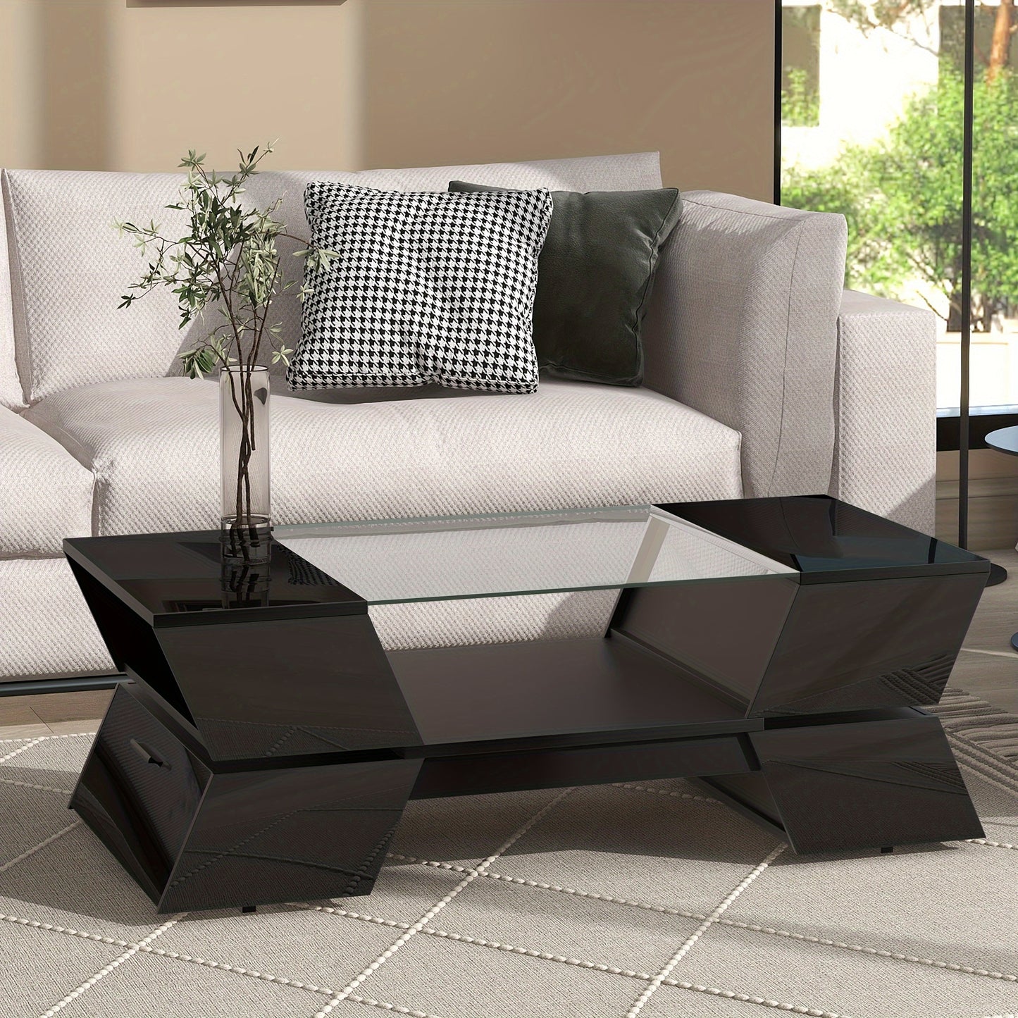 1pc Glass-Top Coffee Table, With Open Shelves And Cabinets, Geometric Style Cocktail Table With Great Storage Capacity, Modernist 2-Tier Center Table For Living Room