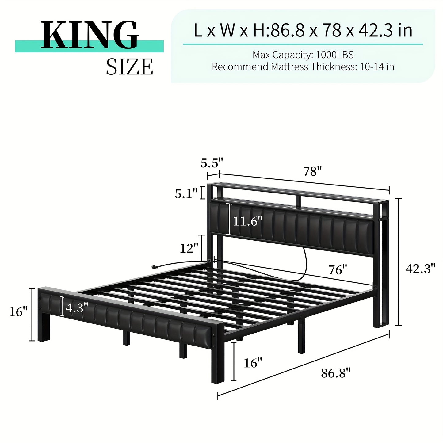 Bed Frame, LED Platform Bed with Faux Leather Headboard, Charging Station, 2-Tier Storage Space/No Box Spring Needed/Noise-Free