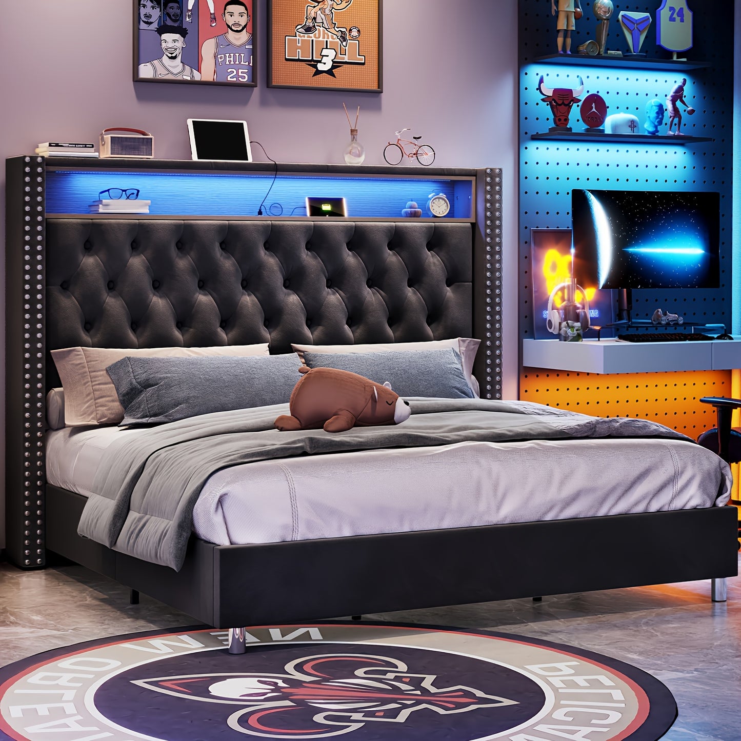 PaPaJet Velvet Upholstered Platform Bed Frame with LED Lights&Srorage Wingback Headboard