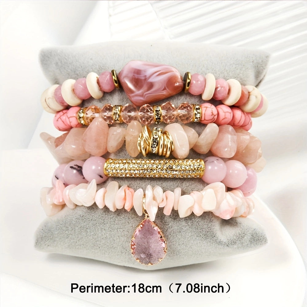 5pcs Boho Elegant Stackable Beaded Bracelet Set, Handmade Multi-Layer Synthetic Zirconia & Natural Stone, April Birthstone, Ideal for Daily Wear & Thanksgiving Gift