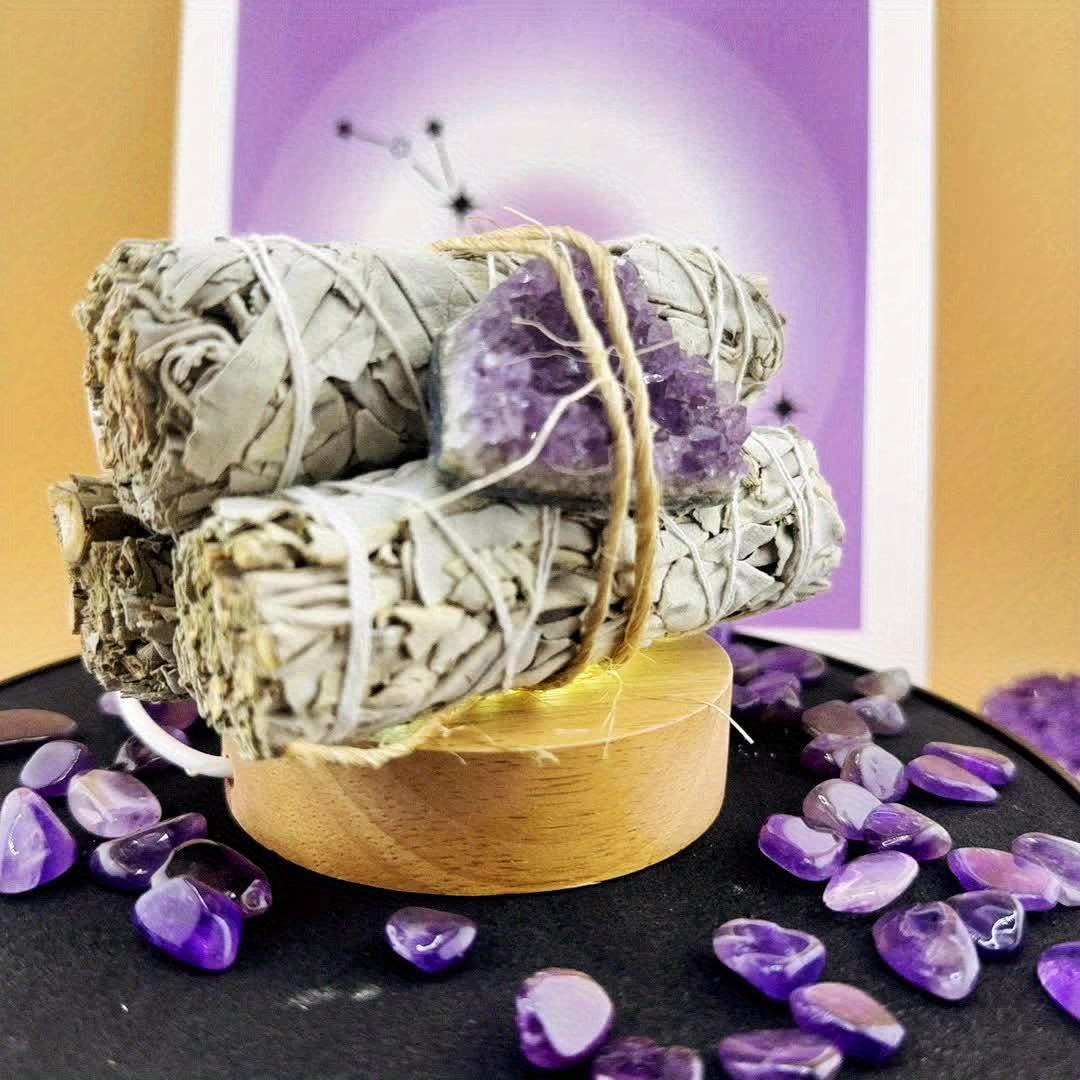 [Magic Crystal] California White Sage With 7 Chakra Crystal Gypsum Stick And Amethyst Cluster Block - Authentic Natural Crystal - Sage, Fresh Scent, Scented, Perfumed - Portable Gift For Tarot & Yoga - Holiday, Christmas, Hal