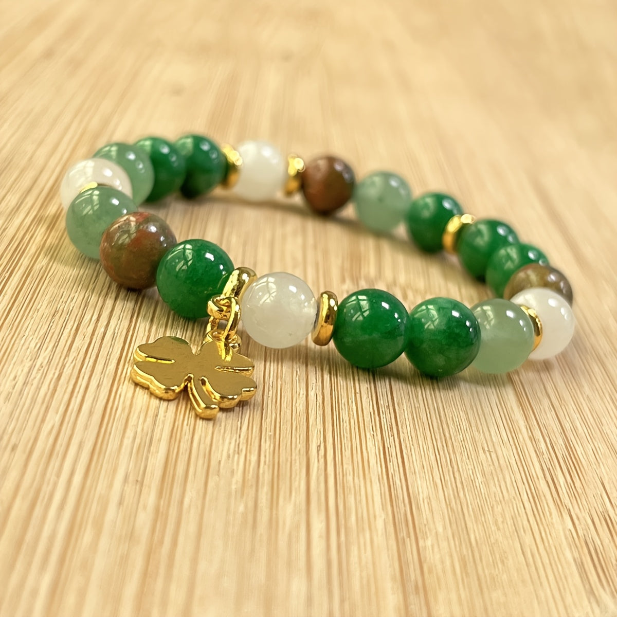 1pc Green Aventurine & Chrysocolla Beaded Bracelet with Four-Leaf Clover Charm, Natural Stone Prosperity Jewelry, Vintage Bohemian Style, St. Patrick'S Day & Thanksgiving Gift, Unisex Elegant Accessory