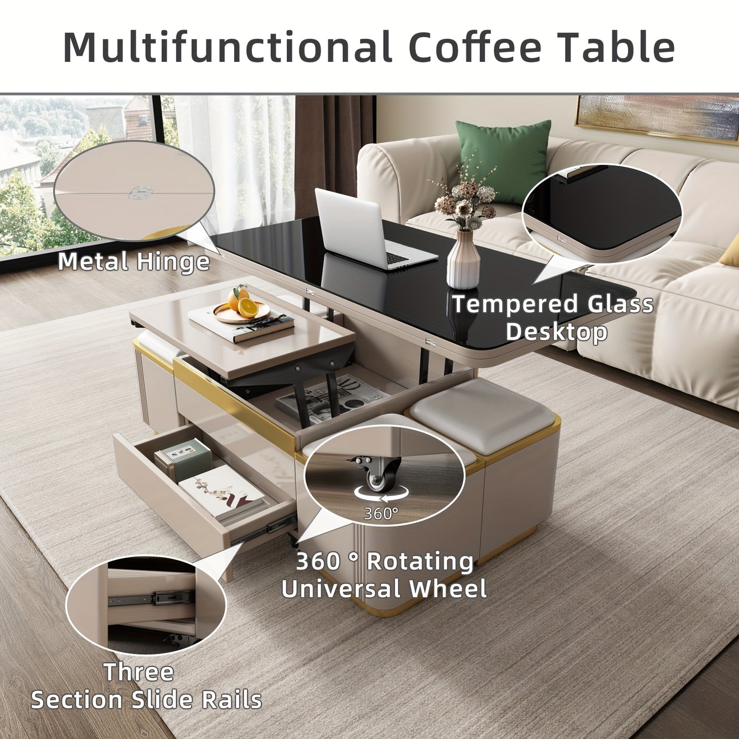 Versatile 3-in-1 Lift Top Coffee Table with Wheels - Extendable & Foldable, Includes 4 Storage Stools, Space-Saving Design for Living Room, Easy Assembly, Available in Gray/Black, Coffee Table for Living Room, Modern, Dining