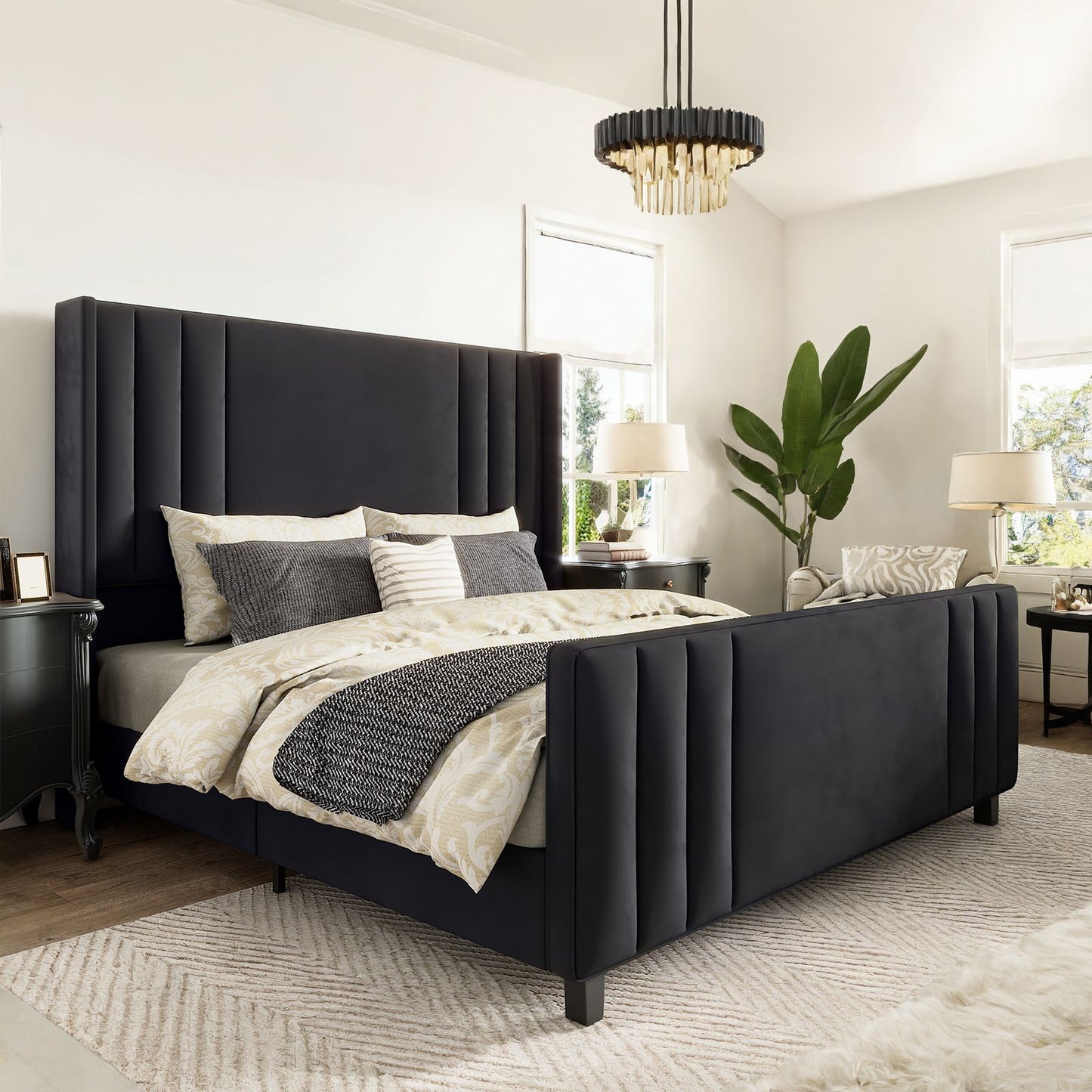 Velvet Upholstered Platform Bedstead with Vertical Channel Tufted Headboard, Footboard and Wingback, Wood Slats Mattress Groundwork, No Box Spring Necessary