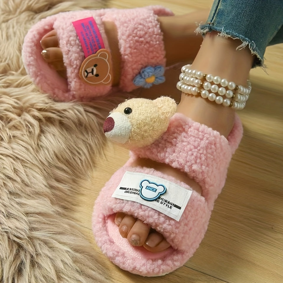 New Autumn And Winter Women'S Fluffy Slippers Designed in Dopamine Colors with Cartoon Bear Patches And Flat Non-Slip Soles.