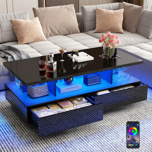 LED Coffee Table w/ 2 Storage Drawers, App Control, High Glossy Modern Black Coffee Table w/60, 000-Color Lights, Rectangle 2-Tier Center Table w/Display Shelf for Living Room