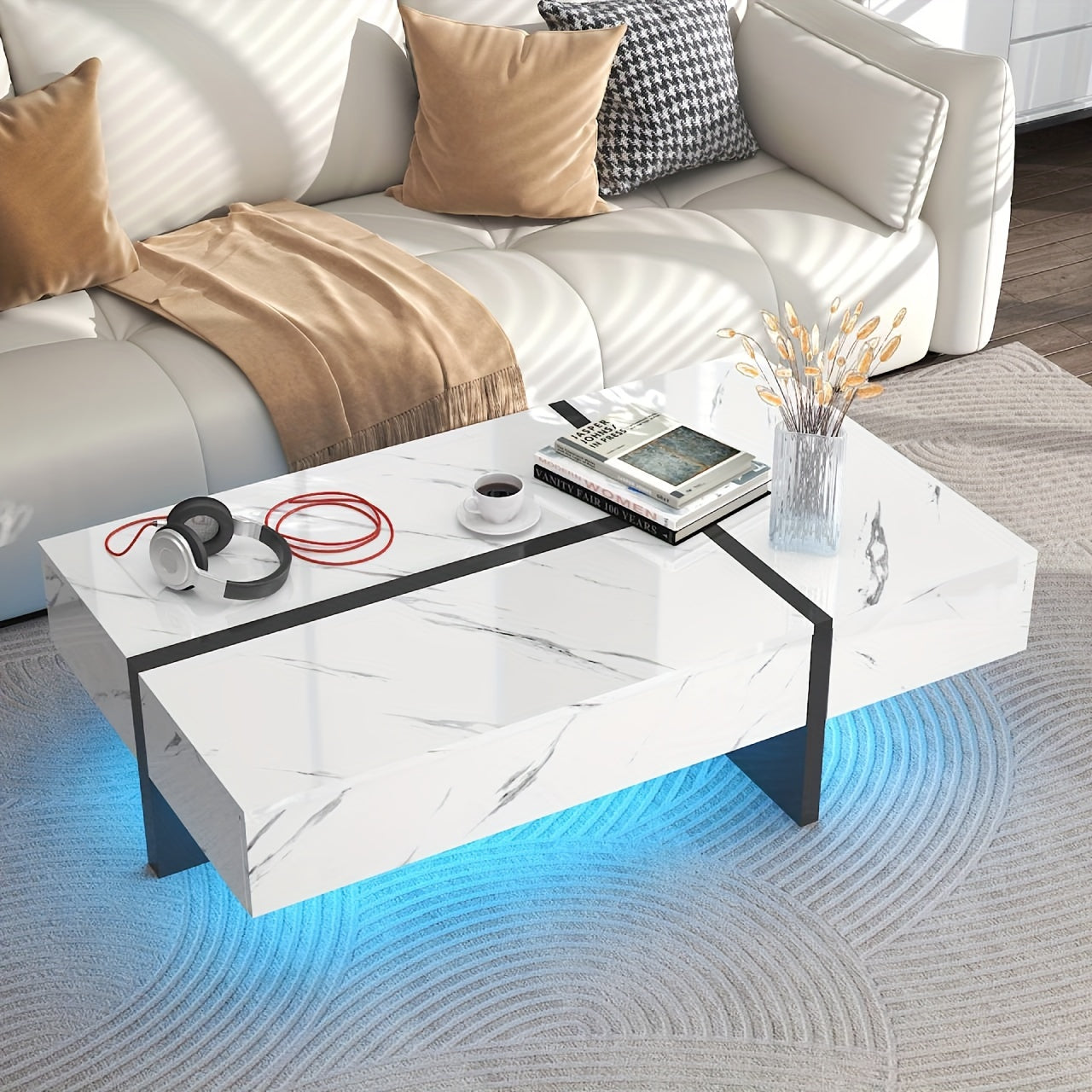 47" Rectangular Coffee Table With LED Light And Storage Drawers, Modern High Gloss Coffee Tables For Living Room