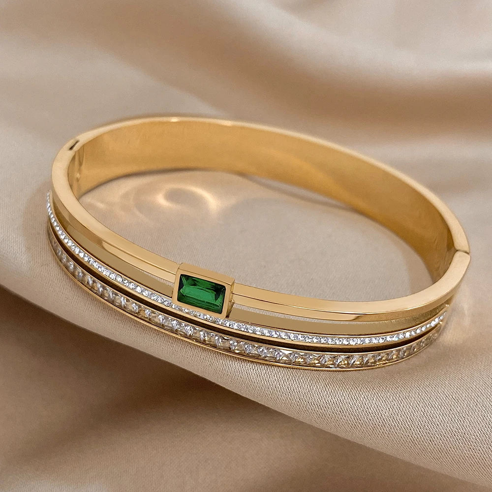 Luxury Stainless Steel Cuff Bracelet For Women Mens Gold Silver Color Couple Bracelets Green White Rhinestone Wide Bangle Gift