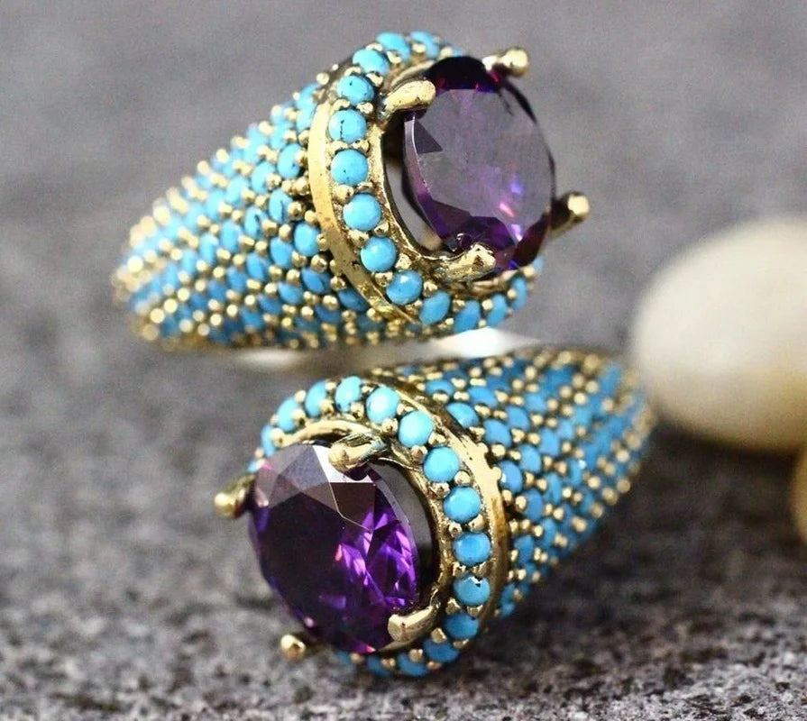 Luxury natural gem Amethyst and Turquoise Ring women's party anniversary boutique jewelry