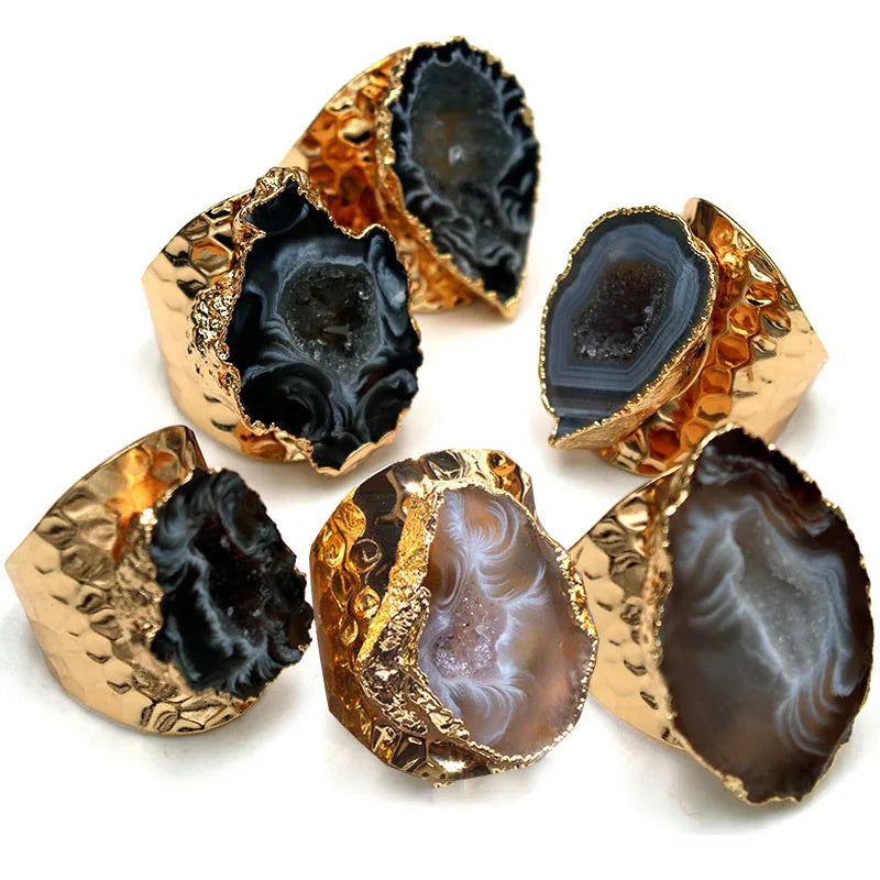 Irregular Raw Agate Slices Ring Geode Stone Adjustable Gold Plated Open Wide Gemstone Finger Handmade Jewelry