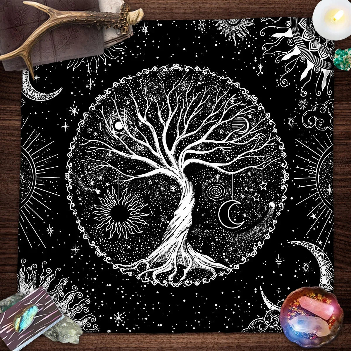 Tree Of Life Tarot Card Tablecloth Moon Phase Plants Table Cloth For Tarot Witch Wicca Altar Cloth Divination Cloth Card Pad