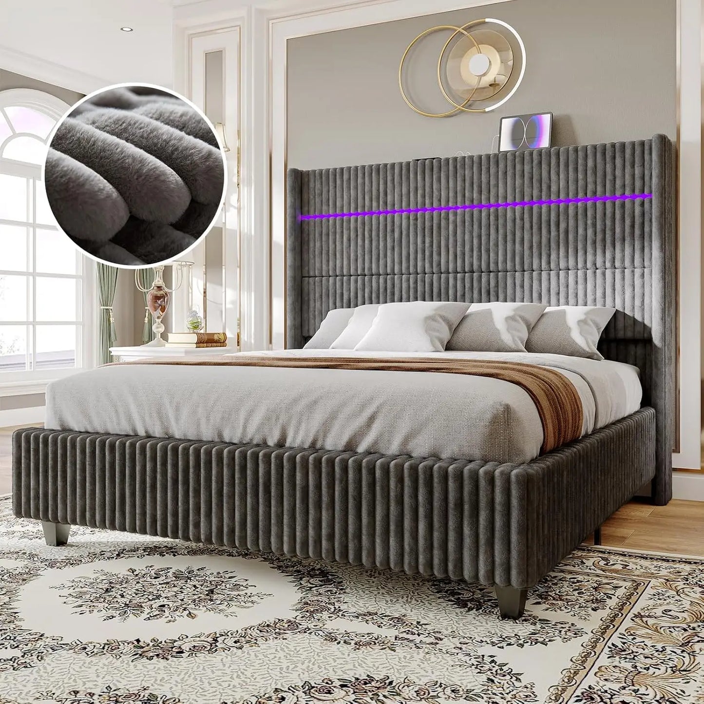 Queen Bed Frame with LED Lights, Corduroy Upholstered Platform Bed Frame with 60" Tall Wingback Headboard and Charging Station