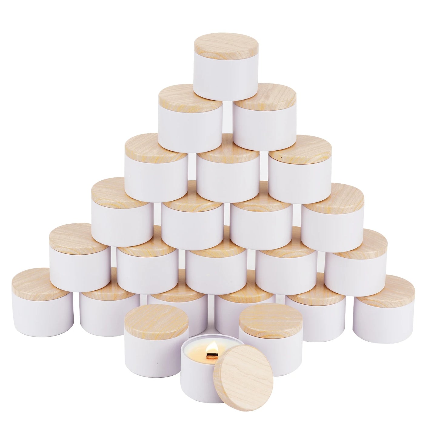 24-Pack 8oz/4oz Metal Candle Tins with Wood Grain Lids - Airtight, Leak-Proof Containers for DIY Crafts, Storage, and Gifts