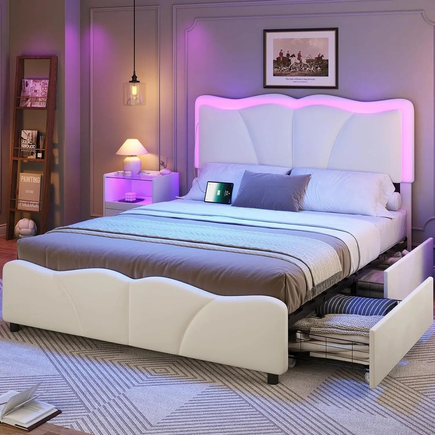 Queen size Bed Frame with Storage Drawers,Modern Velvet Upholstered Platform Bed with LED Headboard,for youth adult bedroom