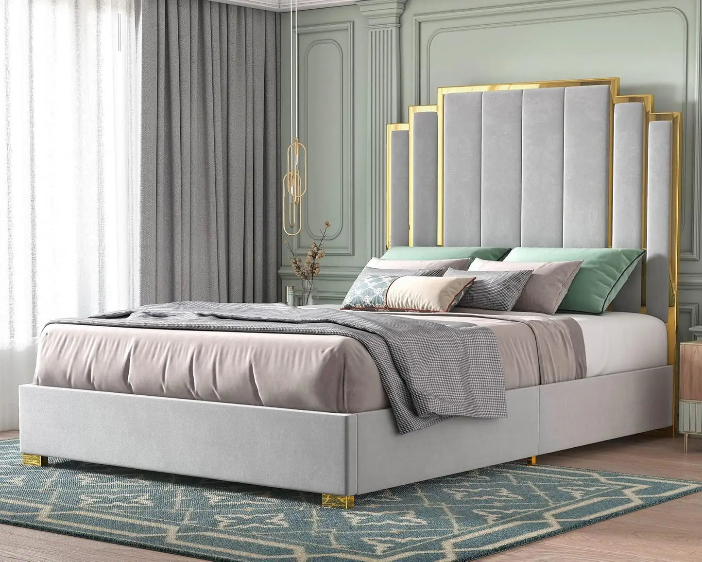 Bed Frame and 61" Headboard, Upholstered Bed with Golden Plating Trim, Modern Platform Bed No Box Spring Needed