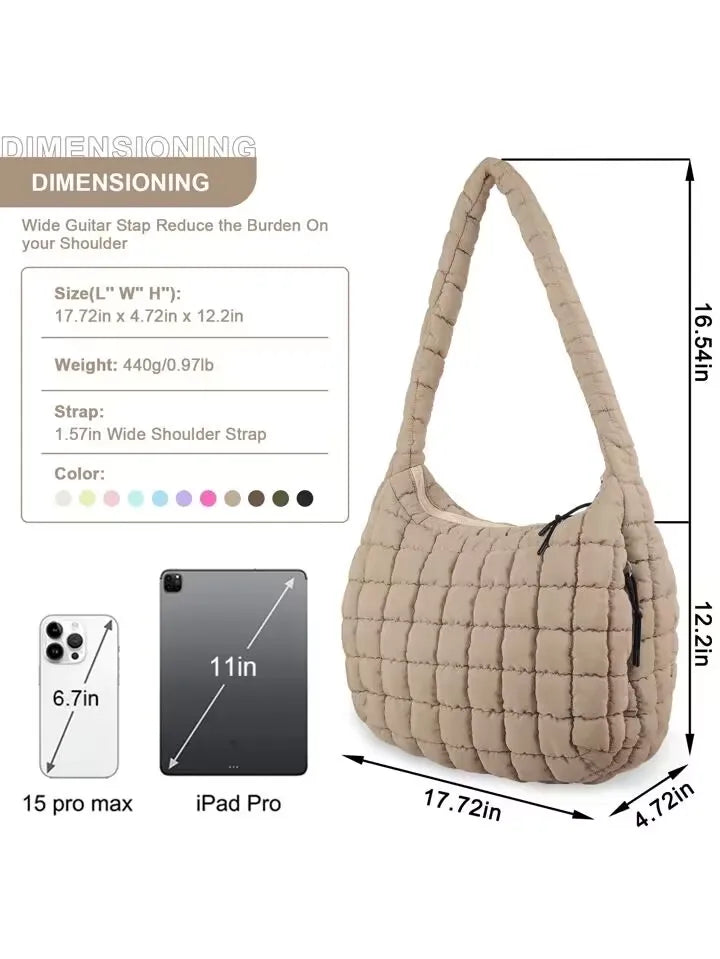 Casual Ruched Hobos Women Shoulder Bags Quilted Padded Crossbody Bag Large Capacity Nylon Puffer Tote Bag Big Shopper Purses