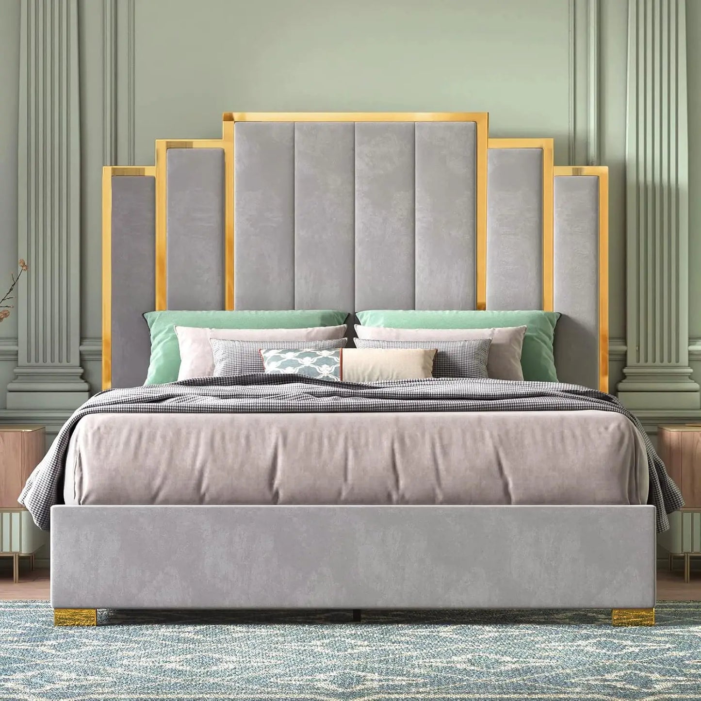 Bed Frame and 61" Headboard, Upholstered Bed with Golden Plating Trim, Modern Platform Bed No Box Spring Needed