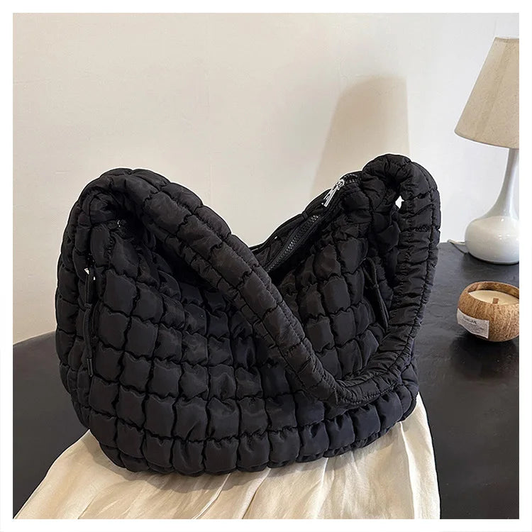 Casual Ruched Hobos Women Shoulder Bags Quilted Padded Crossbody Bag Large Capacity Nylon Puffer Tote Bag Big Shopper Purses